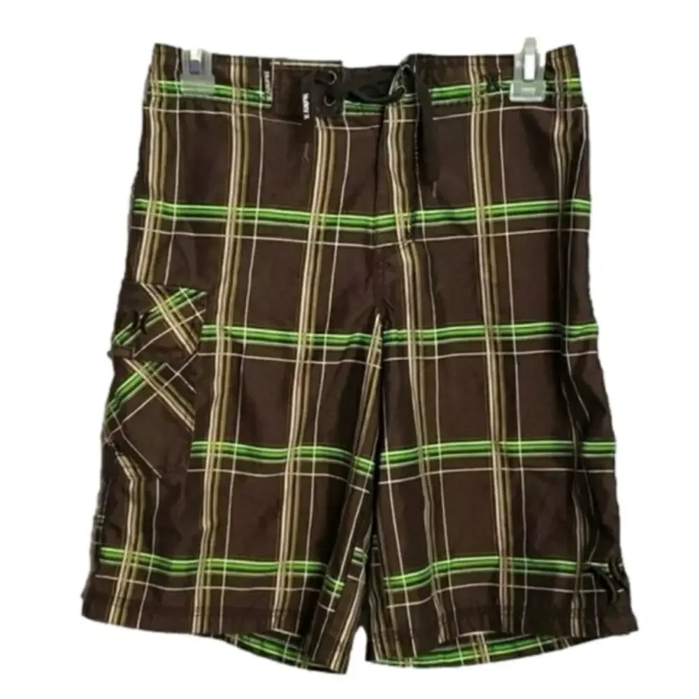 Boys Hurley Board Shorts Brown Green Plaid Size 12
